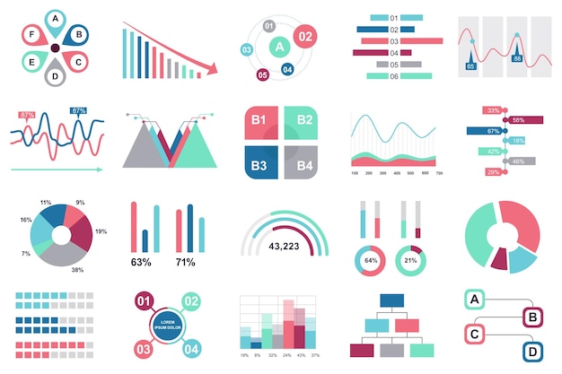 Vektor set von infografik-elementen, datenvisualisierungsvektor-designvorlage mit unterschiedlichem diagrammdiagramm