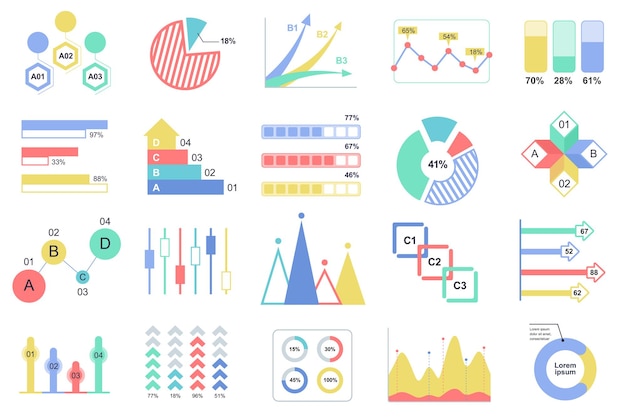 Vektor set von infografik-elementen, datenvisualisierungsvektor-designvorlage mit unterschiedlichem diagrammdiagramm