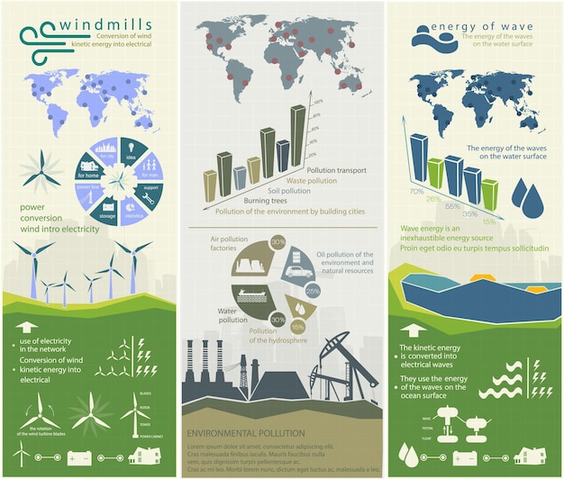 Set von infografiken zu erneuerbaren energiequellen des wassers und des windes der erde