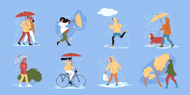 Set von isolierten menschen, die einen regenschirm mit menschen unter regenduschen tragen, die warme kleidung tragen