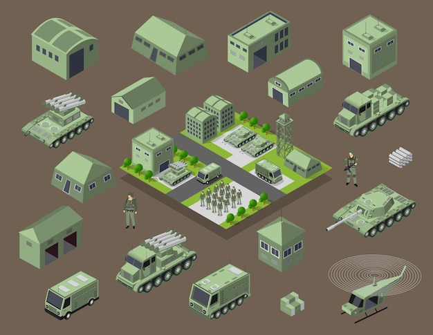 Set von isometrischen bewaffneten militärtransportobjekten der armee bewaffneter truppen