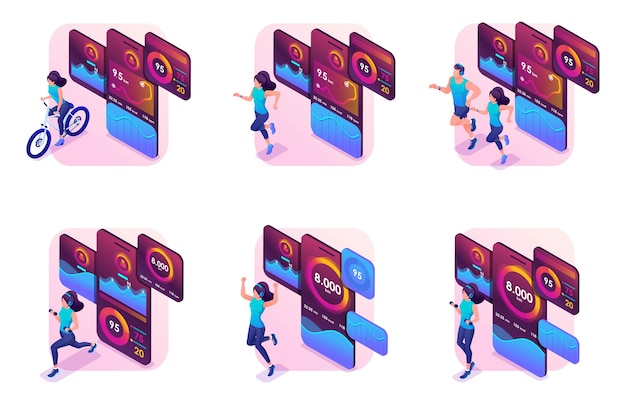 Set von isometrischen mobilen App-Werbung, um Ihre Ausbildung und Aktivität für Webdesign zu verfolgen
