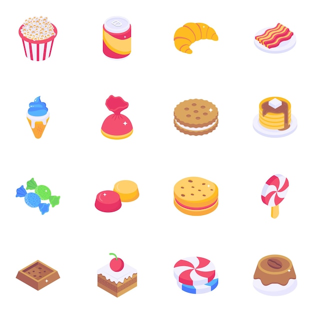 Set von isometrischen symbolen für bäckerei-lebensmittel