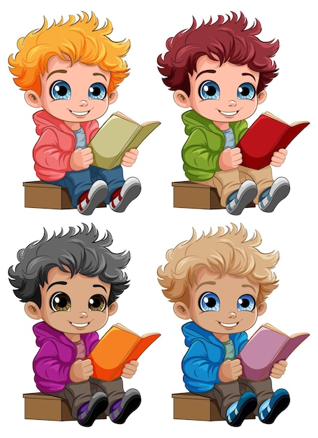 Set von jungen, die bücher lesen, cartoon-figuren