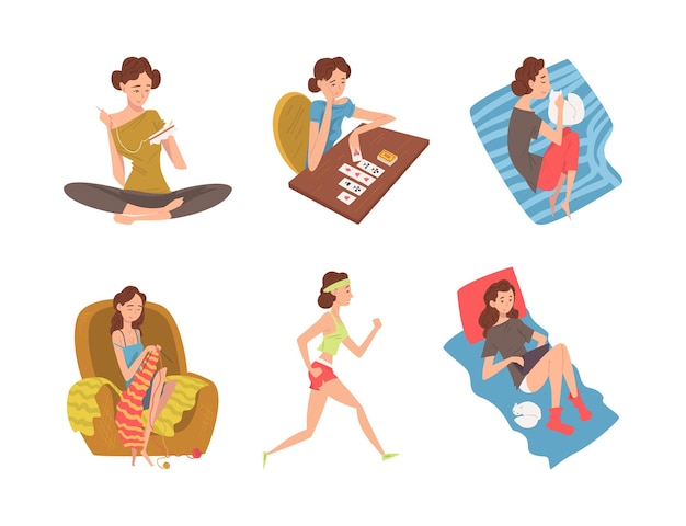 Set von jungen Frauen, die Freizeitaktivitäten und Hobbys ausüben Mädchen, die Schicksal auf Karten lesen Stickerei Ruhe Stricken Sport Cartoon Vektor