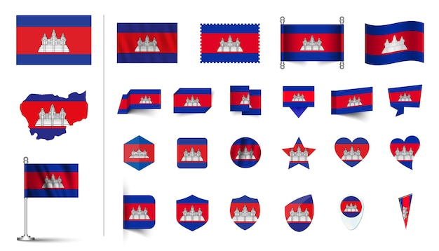 Set von Kambodscha Flagge flach Icon Set Vektor Illustration Flagge Knopf winken 3D-Rendering-Symbole
