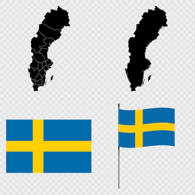 Set von Karten, Flagge und Fahnenmast Schwedens, Vektorillustration