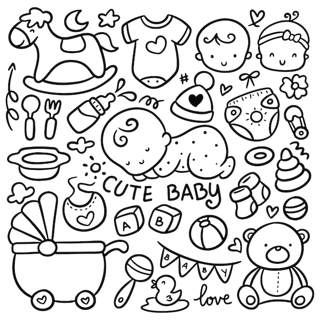 Set von Kawaii Babyspielzeug und Zubehör Doodles