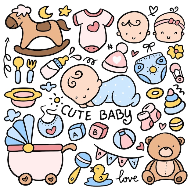 Vektor set von kawaii babyspielzeug und zubehör doodles