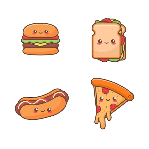 Vektor set von kawaii fast-food-flat-illustrationen