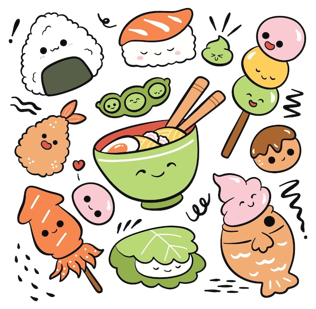 Vektor set von kawaii japanischen food-cartoon-droodle.