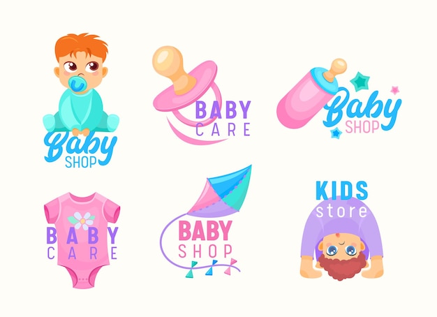 Set von kids store und baby shop cartoon icons. kleine babys, schnuller und milchflasche mit drachen, isolated on white background. designelemente, embleme für kinderproduktionsanzeige. vektorillustration