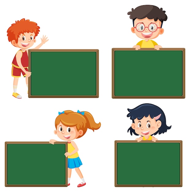 Set von Kinderzeichentrickfiguren mit leerem Brett