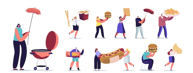 Set von kleinen männlichen und weiblichen charakteren, die mit fastfood interagieren. männer und frauen mit riesigen burger, hot dog mit senf, pommes frites, isolated on white background. cartoon-menschen-vektor-illustration