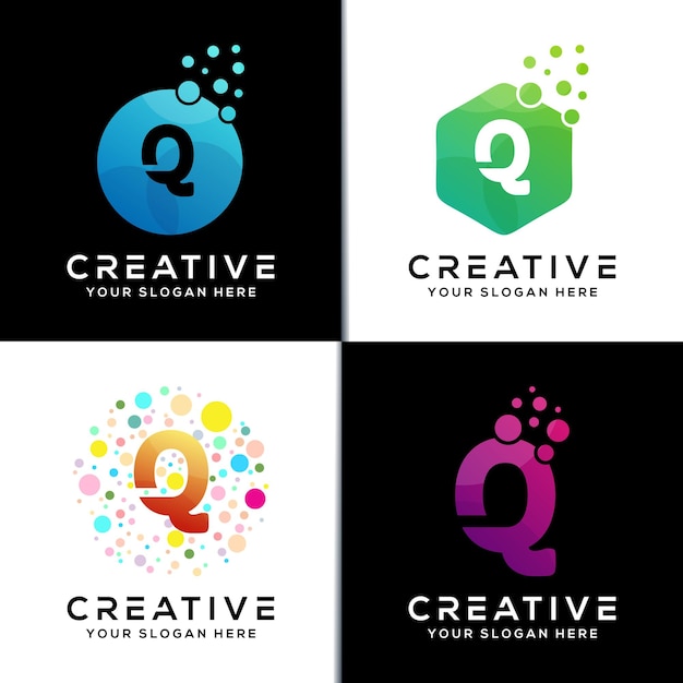 Set von kreativen anfangsbuchstaben des q-buchstabens mit weißer blase-logo-designvorlage