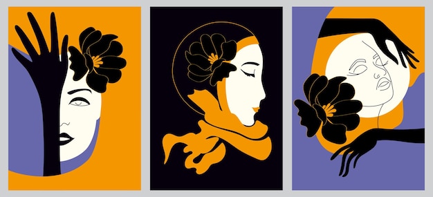 Set von kreativen, handgemalten, einzeiligen, abstrakten Formen Minimalistische Bilder von Symbolen, die das Porträt einer Frau, Blumen, Blätter Für Postkartenplakatplakatbroschüren-Coverdesign webx9
