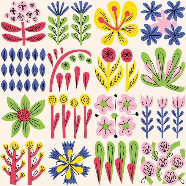 Set von kreativen, künstlerischen, handgezeichneten floralen Elementen Süßer, trendiger Doodle-Natur-nahtloser Hintergrund