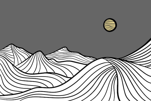 Set von kreativen, minimalistischen, modernen linienkunstdrucken abstrakte zeitgenössische ästhetische berghintergründe landschaften mit bergwaldmeer-skyline-wellenvektorillustrationen
