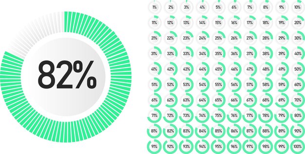 Vektor set von kreisprozentdiagrammen von 0 bis 100 gebrauchsfertig für webdesign, benutzeroberfläche