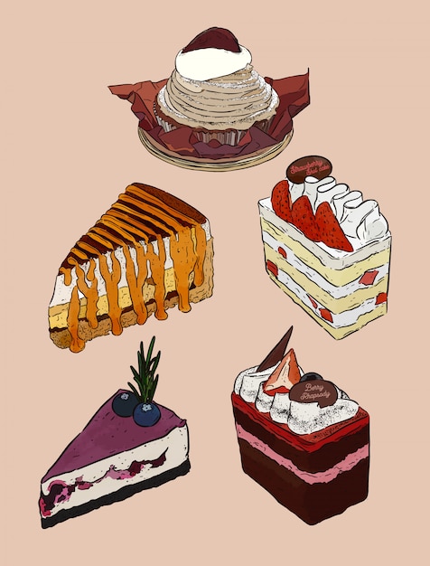 Vektor set von kuchen, mont blanc, banoffee, strawberry frische sahne torte, heidelbeer-käse-kuchen und schokoladen-beeren-kuchen. skizze vektor hand zeichnen.