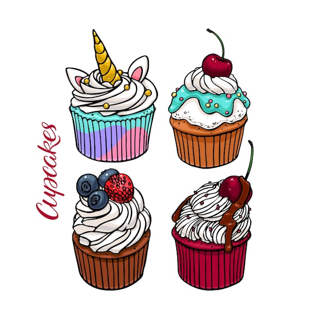 Vektor set von leckeren süßen cupcakes handgezeichnete illustration