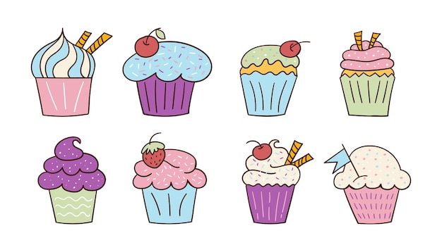 Vektor set von leuchtend farbigen köstlichen cupcakes im doodle-stil vektor-illustration freihand-zeichnung doodles