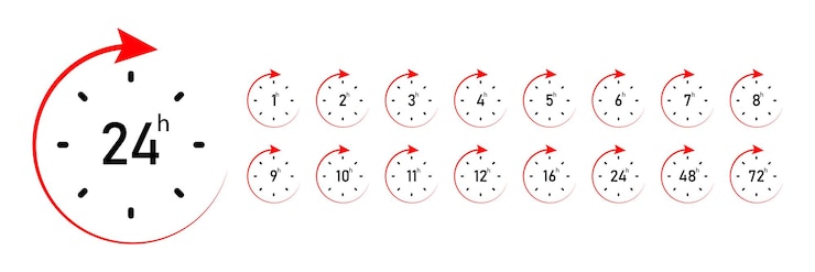 Vektor set von lieferzeit red icons uhrpfeil 1 bis 72 stunden für das design vektor-illustration