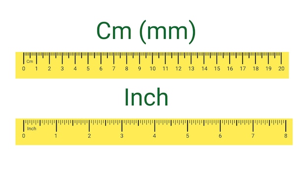 Vektor set von linealgrößenindikatoren. messskala in zentimeter, millimeter und zoll.