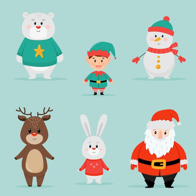 Set von lustigen Weihnachtsfiguren Weihnachtsfiguren Sammlung mit Weihnachtsmann-Elf und süßen Tieren