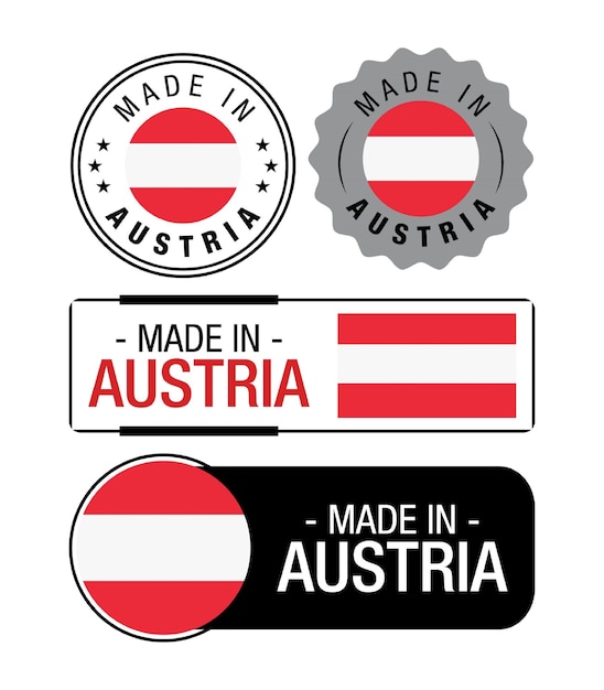 Set von Made in Austria-Etiketten, Logo, Österreich-Flagge, Österreich-Produktemblem. Vektor-Illustration