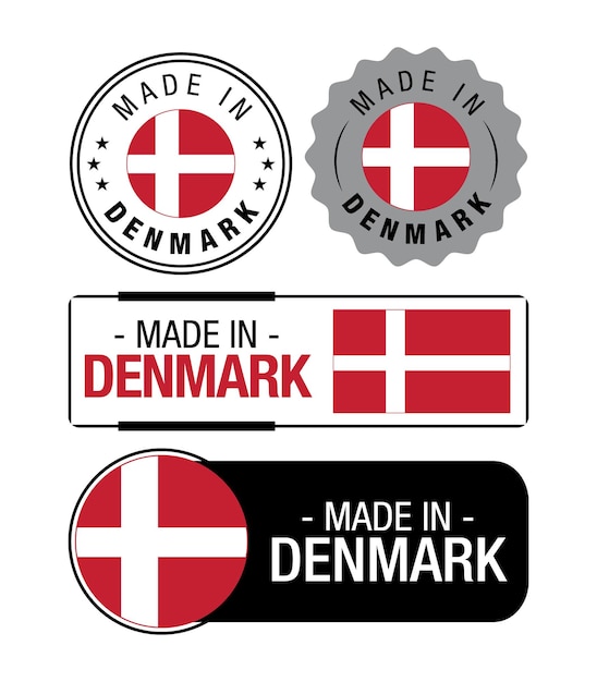 Vektor set von made in denmark-etiketten, logo, dänemark-flagge, dänemark-produktemblem. vektor-illustration