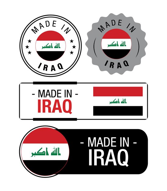 Set von Made in Iraq-Etiketten, Logo, Irak-Flagge, Irak-Produktemblem. Vektor-Illustration