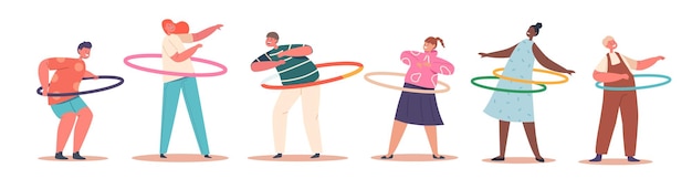 Set von männlichen oder weiblichen charakteren für kinder, die mit hula hoop trainieren, der auf der taille sommerzeit-erholung rollt