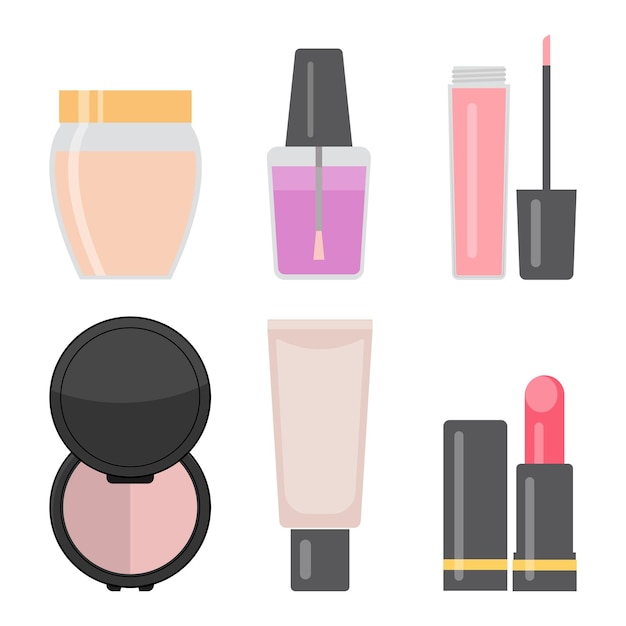 Set von Make-up-Artikeln. Nagellack, Creme für die Haut, Lippenstift, Lipgloss, Lidschatten, Kosmetiktube. Vektor-Illustration.