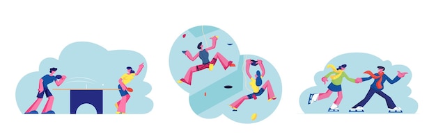 Set von menschen sportaktivitäten, charaktere kletterwand, ping pong spielen und schlittschuhlaufen auf der eisbahn. mann und frau im erholungsgebiet für sporttraining und freizeitspiele. cartoon-vektor-illustration