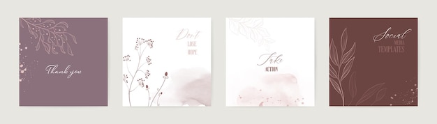 Vektor set von minimal hintergrund mit blumen und flecken aquarell