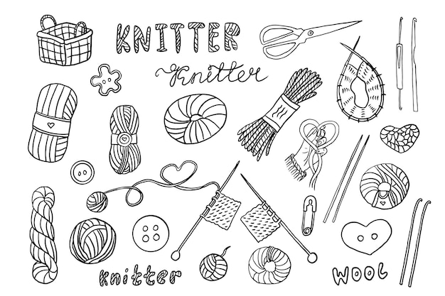 Set von Nähtearbeiten Stricknadel Stricknadeln Knöpfe Schere Strickmaschine Hand gezeichnet