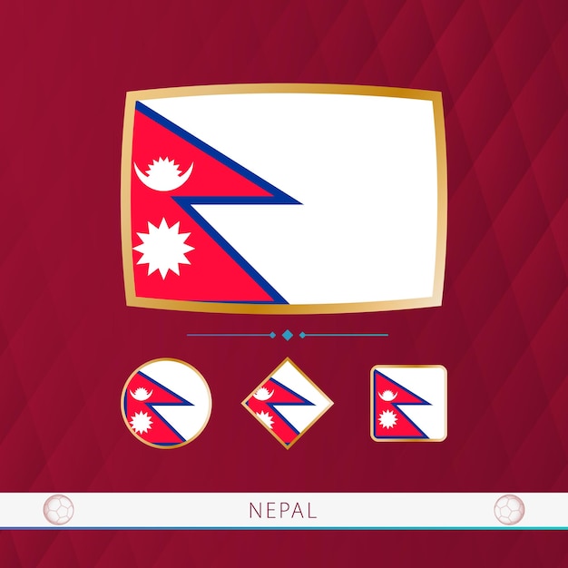 Vektor set von nepal-flaggen mit goldenem rahmen für den einsatz bei sportveranstaltungen auf einem burgundischen abstrakten hintergrund
