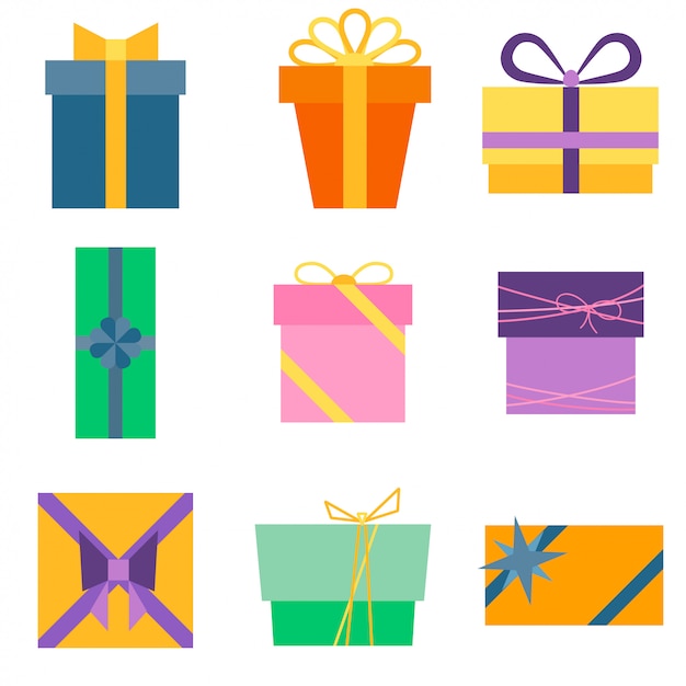 Set von neun bunten ikonen von geschenkboxen