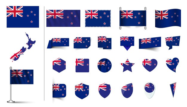 Set von Neuseeland-Flagge flach Icon-Set Vektor-Illustration Fahne Knopf winken 3D-Rendering