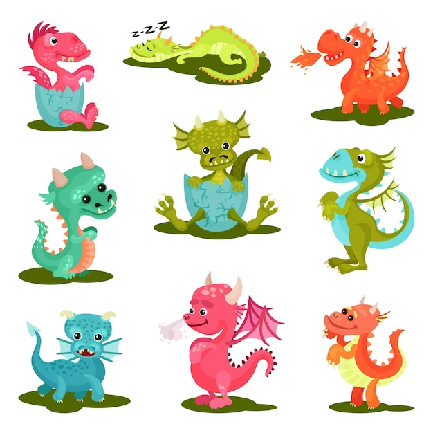 Set von niedlichen baby-drachen zeichentrickfiguren mythischer kreaturen fantastische tiere mit flügeln, hörnern und langen schwänzen grafische elemente für kinderbücher isolierte vektorillustrationen im flachen stil