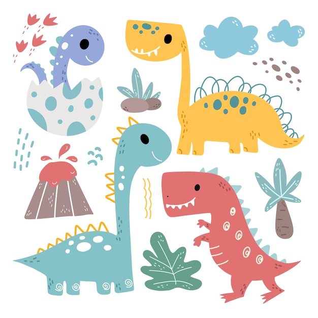 Set von niedlichen dinosauriern und naturelementen doodle clipart