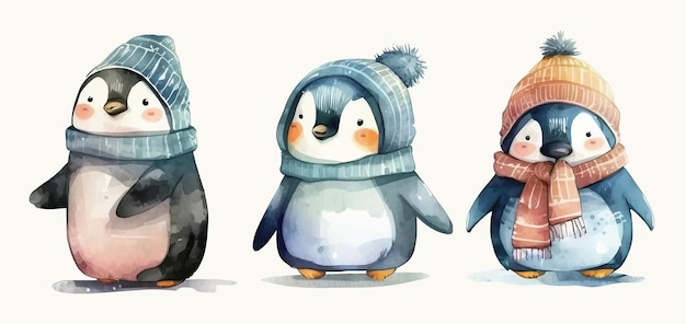 Set von niedlichen Pinguin-Vektor-Aquarell-handgezeichneten Wintern