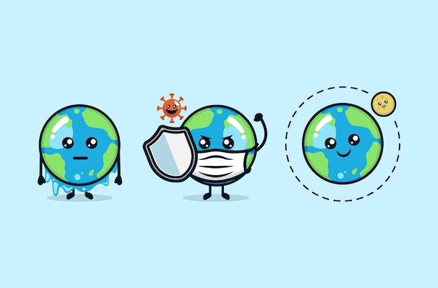 Set von niedlichen Planetenerde mit verschiedenen Umweltproblem-Maskottchen-Design-Illustrationen