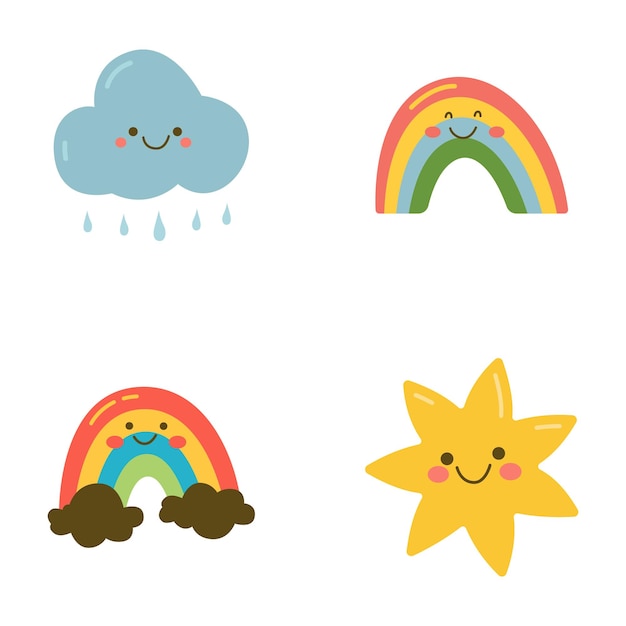 Set von niedlichen Regenwolken Regenbogen-Sterne-Sonne-Zeichentrickfiguren am Himmel
