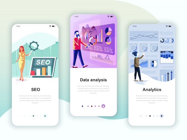 Vektor set von onboarding-bildschirmen für die benutzeroberfläche