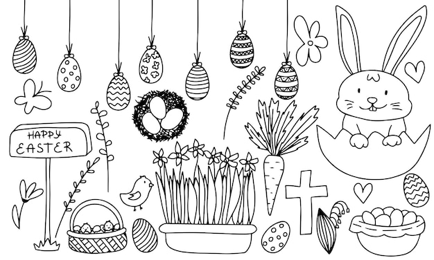 Set von Ostern-Doodle-Elementen. Eier, Hase, Blumen, Zweig und Frühling. Vektor-Illustration.