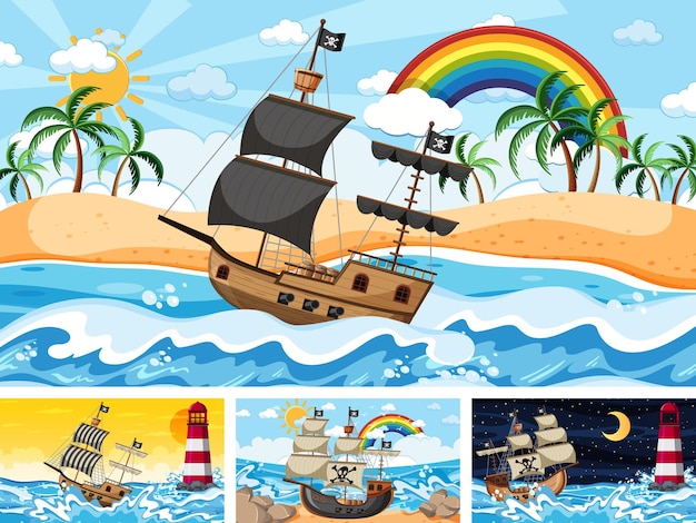 Set von ozeanszenen zu verschiedenen zeiten mit piratenschiff im cartoon-stil