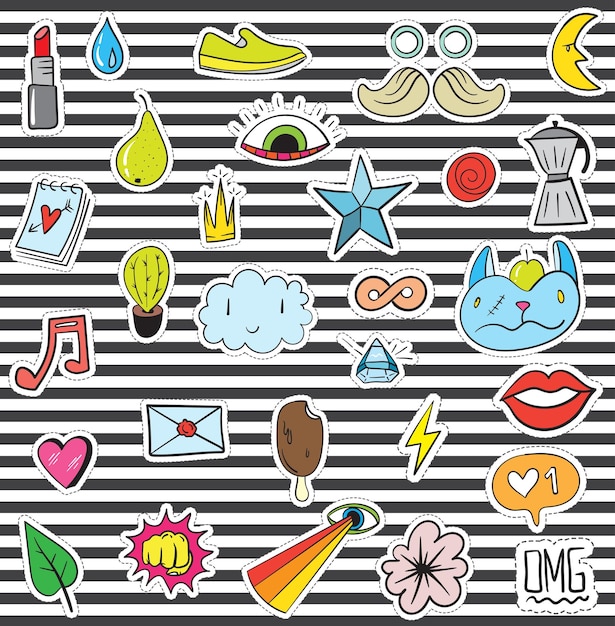 Set von patches elementen wie blume, herz, krone, wolke, lippen, mail, diamant, augen, handgezeichnet, vektor, niedlich, modisch, aufkleber, sammlung, doodle, pop-art, skizze, abzeichen und pins