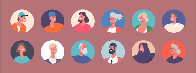 Set von personen-avataren junge reife und ältere männliche und weibliche charaktere mit unterschiedlichem aussehen männer oder frauen
